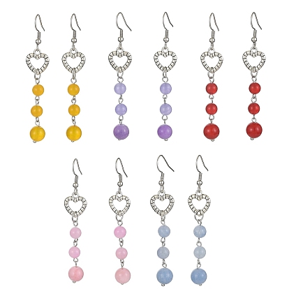 Natural Mixed Gemstone Dangle Earrings, Alloy Heart Long Drop Earings with 304 Stainless Steel Pins