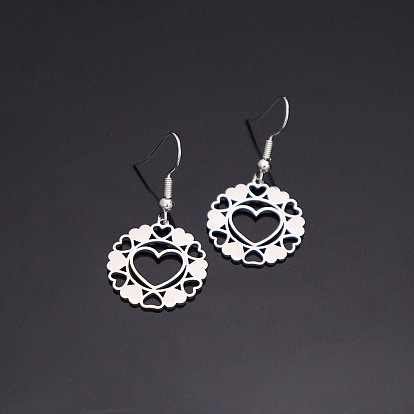 304 Stainless Steel Dangle Earrings for Women, Flat Round with Heart