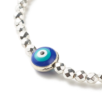 Synthetic Hematite Beads Energy Stretch Bracelet for Teen Girl Women, Evil Eye Alloy Enamel Beads Bracelet, Medium Blue