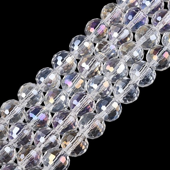Transparent Glass Beads Strands, Round, Faceted(96 Facets), AB Color Plated