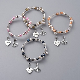 Wrap Bracelets, with Natural Pearl Beads, Tibetan Style Alloy Charms, Three Loops