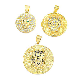 Brass Micro Pave Cubic Zirconia Pendants, Flat Round with Leopard Head Charms