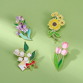 Flower Theme Enamel Pins, Golden Tone Alloy Brooch for Backpack Clothes