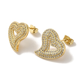 Rack Plating Heart Brass Micro Pave Cubic Zirconia Stud Earrings for Women, Cadmium Free & Lead Free, Long-Lasting Plated