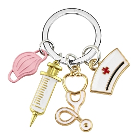 Mask & Nurse Cap & Injection Syringe & Stethoscope Enamel Pendant Keychain, Medical Theme Alloy Keychain