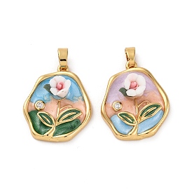 Brass Enamel Pendants, with Resin, Real 18K Gold Plated, Flat Round with Flower Charm