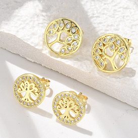 Серьги-гвоздики из латунного микро-паве, плоские круглые с деревом