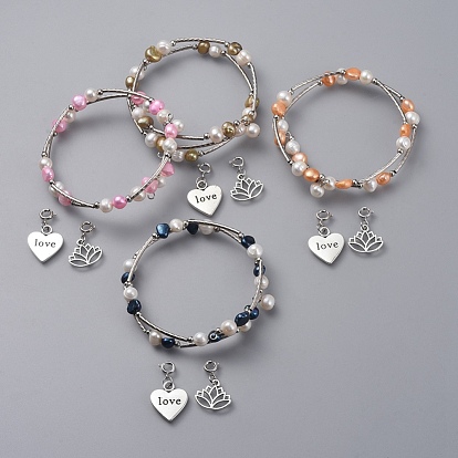 Wrap Bracelets, with Natural Pearl Beads, Tibetan Style Alloy Charms, Three Loops