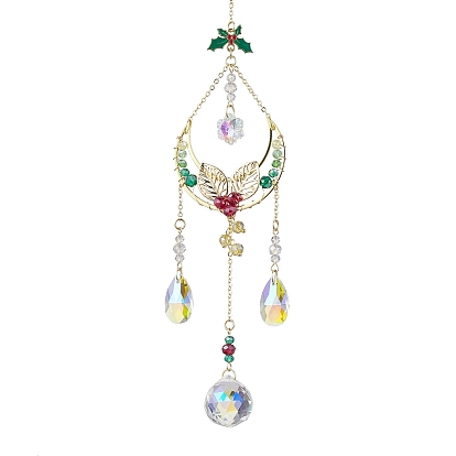 Christmas Brass Moon Hanging Ornaments, Glass Teardrop Round Tassel Suncatchers for Garden Outdoor Decorations