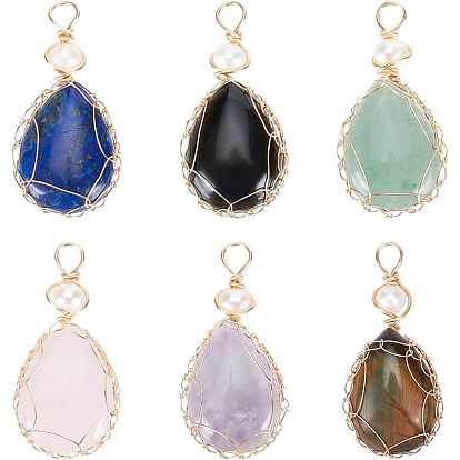 6pcs 6 styles pendentifs en fil de cuivre enveloppé de pierres précieuses naturelles, lapis lazuli naturel & oeil de tigre & quartz rose & améthyste & obsidienne & aventurine verte, avec perle de culture d'eau douce, larme