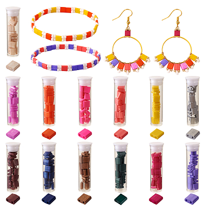 260Pcs 13 Colors 2-Hole Baking Paint Glass Seed Beads, Rectangle