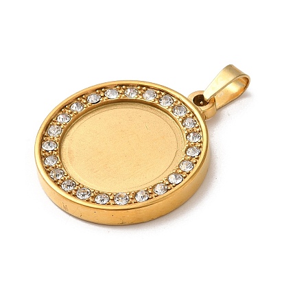 304 Stainless Steel Pendants Cabochon Settings, with Crystal Rhinestone, Flat Round Charms