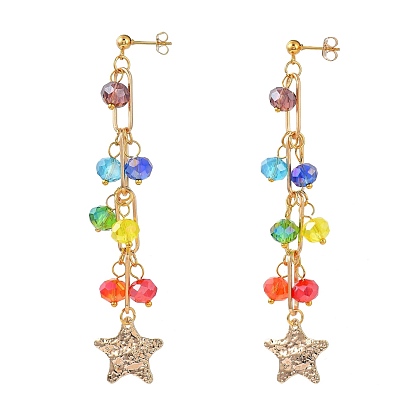 Chakra Jewelry, Dangle Stud Earrings, with Glass Beads, Iron Paperclip Chains, 304 Stainless Steel Stud Earring Findings, Brass Star Pendants & Ear Nuts