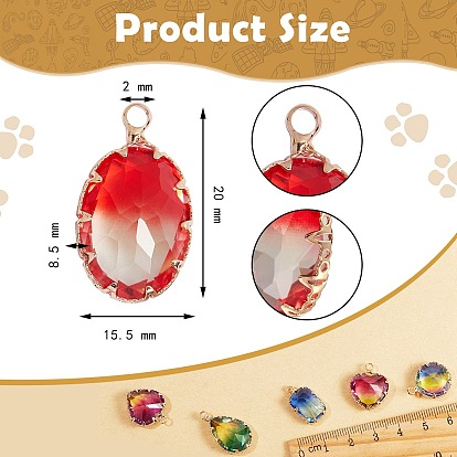 10Pcs 5 Style Two Tone Transparent Glass Pendants, with Golden Plated Brass Settings, Faceted, Mixed Shape