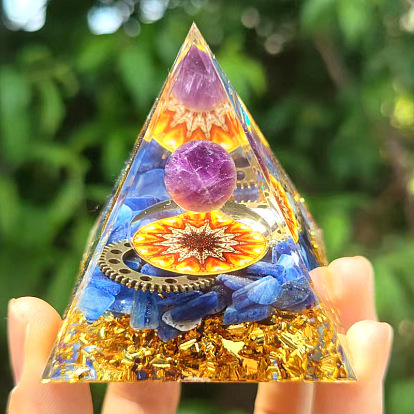 Orgonite Pyramid Resin Energy Generators, Natural Amethyst & Lapis Lazuli Chips Inside for Home Office Desk Decoration