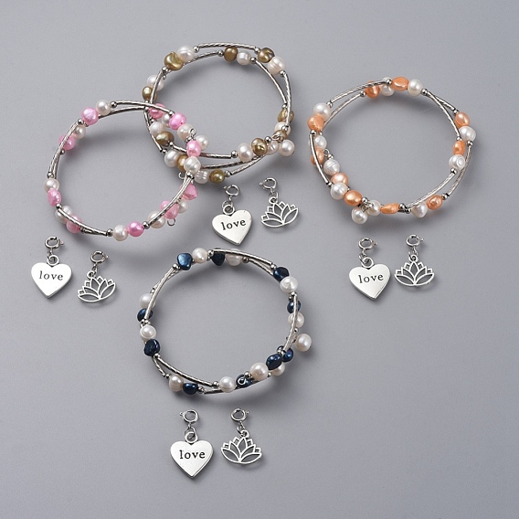 Wrap Bracelets, with Natural Pearl Beads, Tibetan Style Alloy Charms, Three Loops