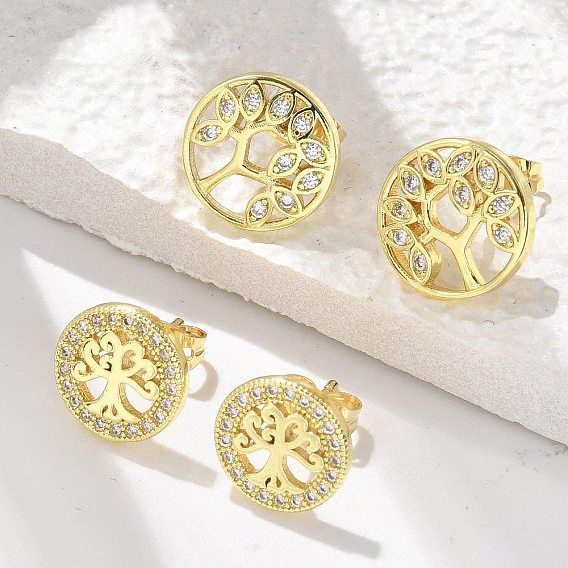 Серьги-гвоздики из латунного микро-паве, плоские круглые с деревом