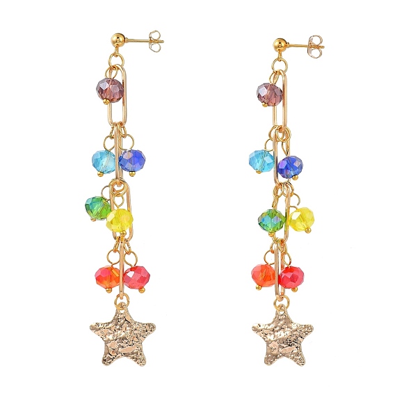 Chakra Jewelry, Dangle Stud Earrings, with Glass Beads, Iron Paperclip Chains, 304 Stainless Steel Stud Earring Findings, Brass Star Pendants & Ear Nuts