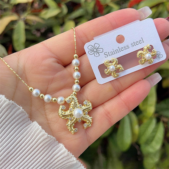 Комплекты украшений из латуни с микропаве из прозрачных кубических цирконий и искусственного жемчуга, серьги и ожерелья, морская звезда