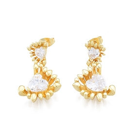 Clear Cubic Zirconia Heart Dangle Stud Earrings, Brass Jewelry for Women