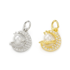Rack Plating Brass Micro Pave Clear Cubic Zirconia Charms, with Plastic Imitation Pearl & Jump Ring, Cadmium Free & Lead Free, Long-Lasting Plated, Moon & Round Charm