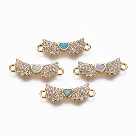 Brass Cubic Zirconia Links, Cadmium Free & Lead Free, with Synthetic Opal, Wing with Heart