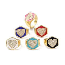 Hexagon with Heart Clear Cubic Zirconia Wide Band Ring for Girl Women, Real 18K Gold Plated Brass Enamel Open Cuff Ring