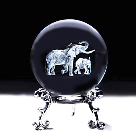 Glass 3D Laser Engraved Elephant Crystal Ball with Metal Stand, for Home Desktop Decoration