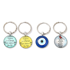 Half Round/Dome Alloy & Glass Pendant Keychain, with Split Key Rings
