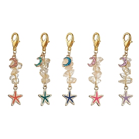 Starfish & Moon Alloy Enamel Pendants Decoraiton, Natural Citrine Chip Beads and Lobster Claw Clasps Charm