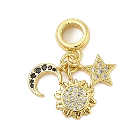 Rack Plating Brass Micro Pave Clear & Black Cubic Zirconia European Dangle Charms, Moon Star Sun Large Hole Pendants, Long-Lasting Plated, Lead Free & Cadmium Free