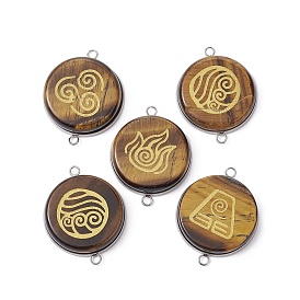 Natural Tiger Eye Connector Charms, Symbol Print Flat Round Links with Stainless Steel Color Plated Stainless Steel Findings