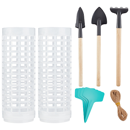 Garden Seeder Tool Sets, 12pcs Plastic Plant Labels & Tube Bobbin, with Jute Cord, 3Pcs Iron Shovels