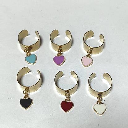 304 Stainless Steel Open Cuff Rings, with Heart Alloy Enamel Charms