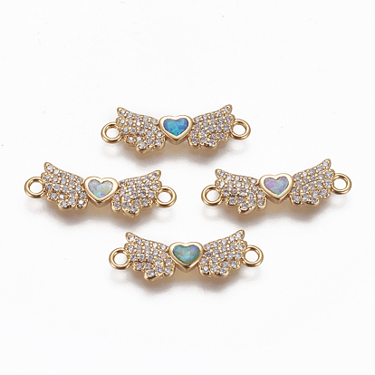 Brass Cubic Zirconia Links, Cadmium Free & Lead Free, with Synthetic Opal, Wing with Heart