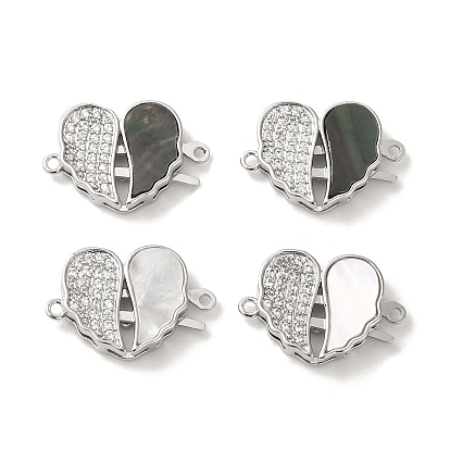 Brass Micro Pave Clear Cubic Zirconia Connector Charms, with Shell, Heart Shaped Wing Links, Real Platinum Plated