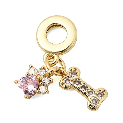 Подвески-шармы из латуни с прозрачными и розовыми кубическими циркониями в европейском стиле., кулоны с отпечатком лапы, собачьей костью и большим отверстием, без кадмия и без свинца, долговечный, стойки покрытие