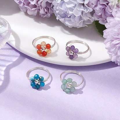 Кольцо с натуральным апатитом, аметистом, зеленым авантюрином и сердоликом, серебряная латунная проволочная обмотка ювелирные изделия для женщин, цветок