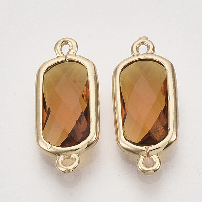 Faceted Glass Links Connectors, with Golden Tone Brass Open Back Settings, Rectangle