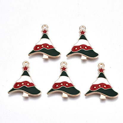 Alloy Enamel Pendants, Christmas, Cadmium Free & Lead Free, Christmas Tree, Light Gold