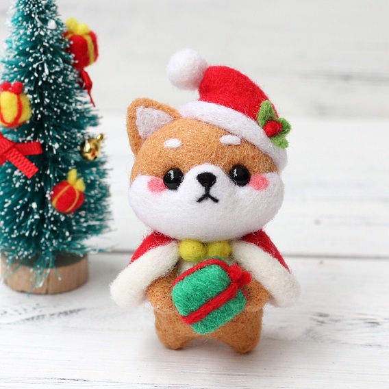 Kit de feutrage à l'aiguille avec instructions, 4 aiguilles à feutrer, 100% 66s laine, 1 tampon en mousse à feutrer pc, chapeau de noël shiba inu kits de feutrage de chien pour les arts débutants