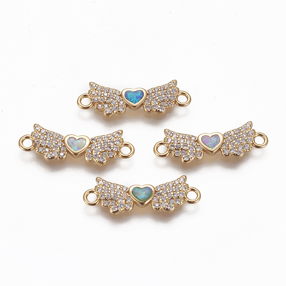 Brass Cubic Zirconia Links, Cadmium Free & Lead Free, with Synthetic Opal, Wing with Heart