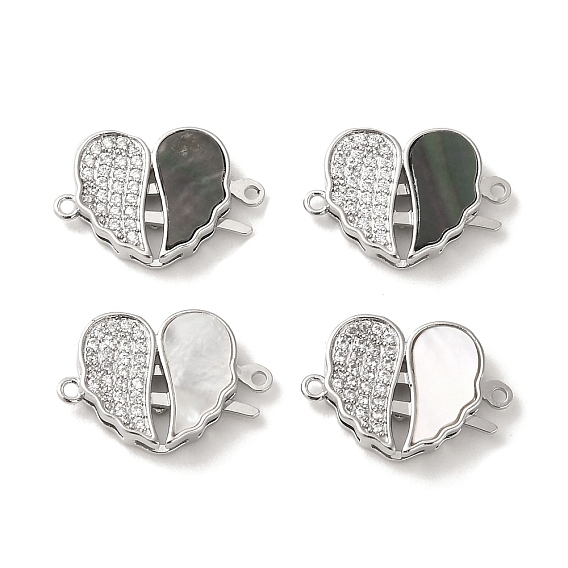 Brass Micro Pave Clear Cubic Zirconia Connector Charms, with Shell, Heart Shaped Wing Links, Real Platinum Plated