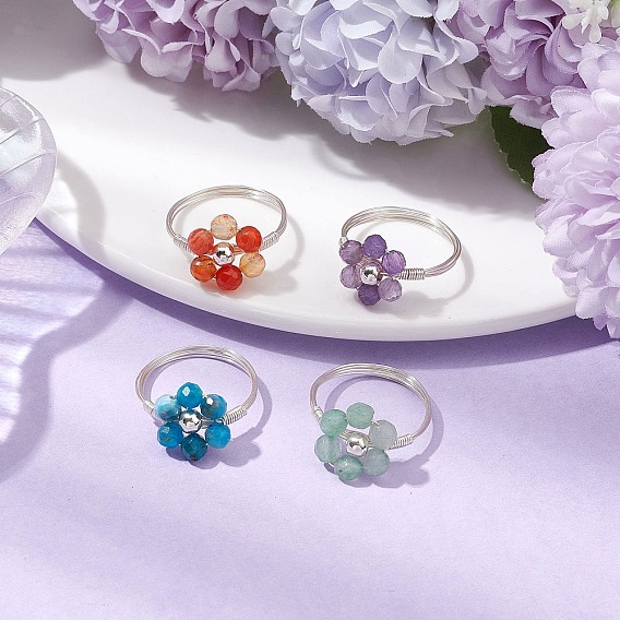 Кольцо с натуральным апатитом, аметистом, зеленым авантюрином и сердоликом, серебряная латунная проволочная обмотка ювелирные изделия для женщин, цветок