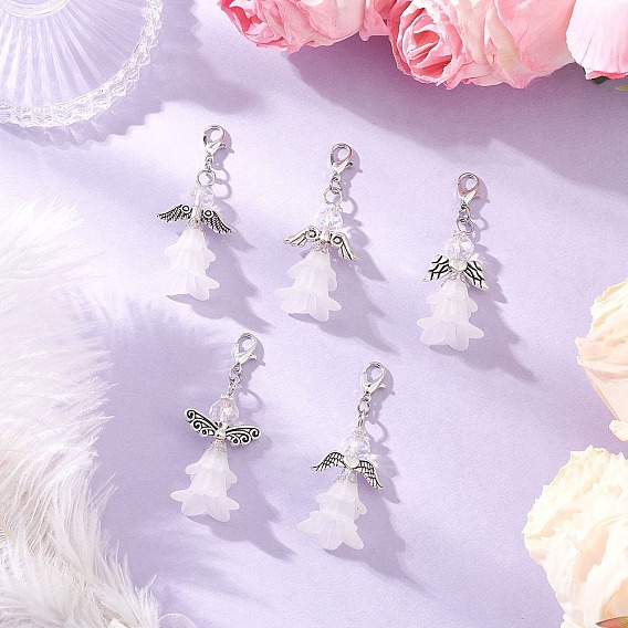 5шт. подвесные украшения из сплава и акрила в виде цветочного ангела, с карабин-лобстерами 