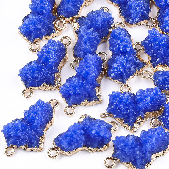 Electroplate Druzy Resin Links Connectors, with Iron Findings, Nuggets, Light Gold