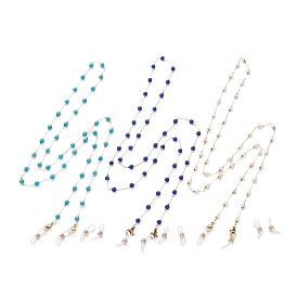 Chaînes de lunettes, tour de cou pour lunettes, avec des perles rondes turquoise synthétiques, chaînes de câble en laiton, 304 fermoirs à pince de homard en acier inoxydable et extrémités en caoutchouc, or