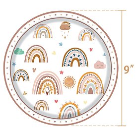 Rainbow Pattern Theme Disposable Paper Plates, for Party Baby Shower Table Decorations, Flat Round