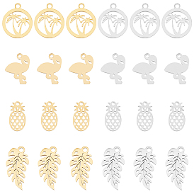 32Pcs 8 Style 304 Stainless Steel Pendants, Manual Polishing, Pineapple & Flamingo & Ring with Coconut Tree