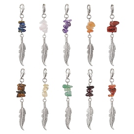 Alloy Feather Pendant Decoraton, Natural Gemstone Chips & Lobster Claw Clasps Charms, for Backpack Keychain Ornaments